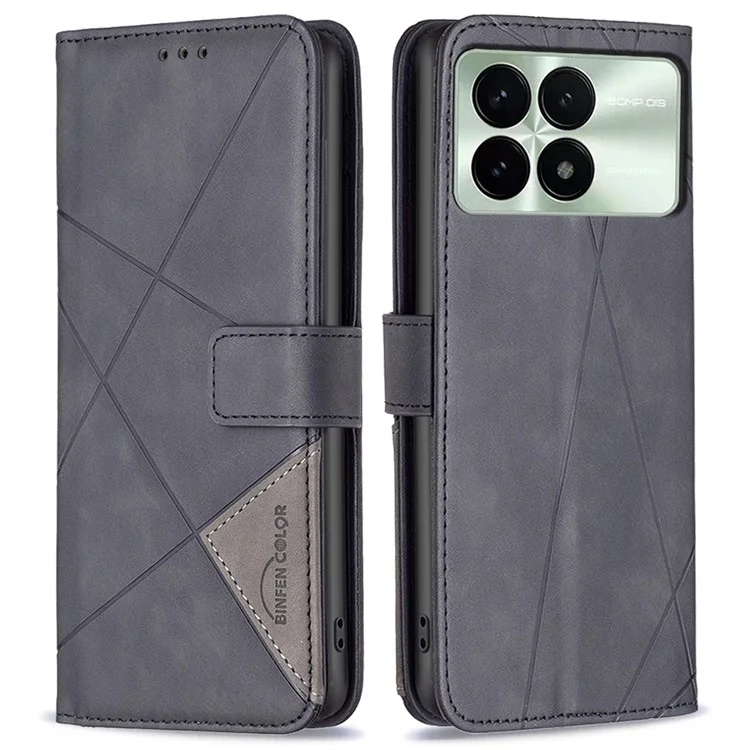 BINFEN COLOR For Xiaomi Redmi K70E 5G / Poco X6 Pro 5G Phone Cases Wallet Stand Geometry Imprinted Leather Cover - Black