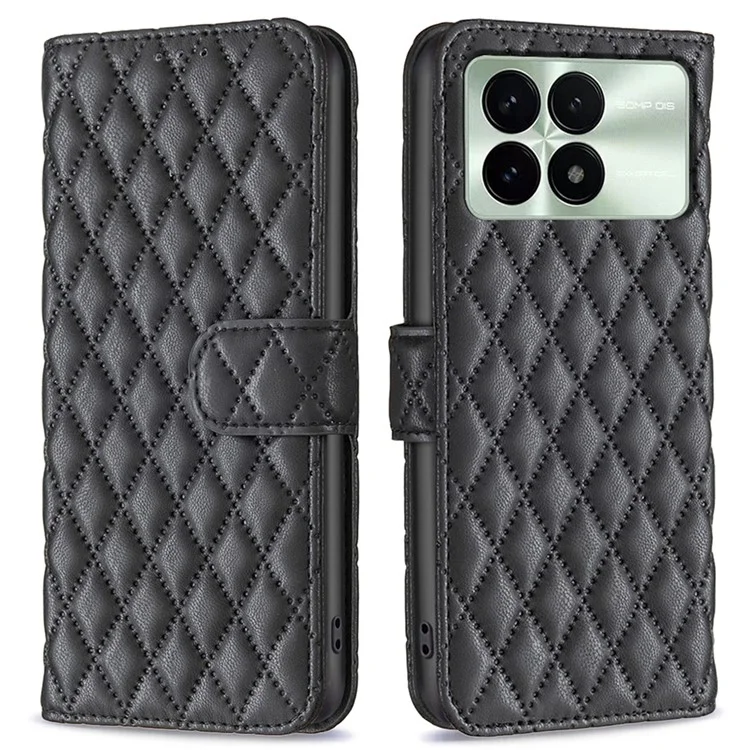 BINFEN COLOR BF Style-14 For Xiaomi Poco F6 Pro 5G / Redmi K70 5G / K70 Pro 5G Leather Case Rhombus Grid Cover Wallet Stand - Black