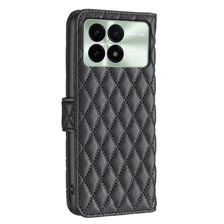 BINFEN COLOR BF Style-14 For Xiaomi Poco F6 Pro 5G / Redmi K70 5G / K70 Pro 5G Leather Case Rhombus Grid Cover Wallet Stand - Black