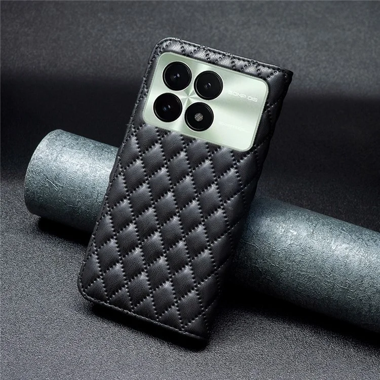 BINFEN COLOR BF Style-14 For Xiaomi Poco F6 Pro 5G / Redmi K70 5G / K70 Pro 5G Leather Case Rhombus Grid Cover Wallet Stand - Black