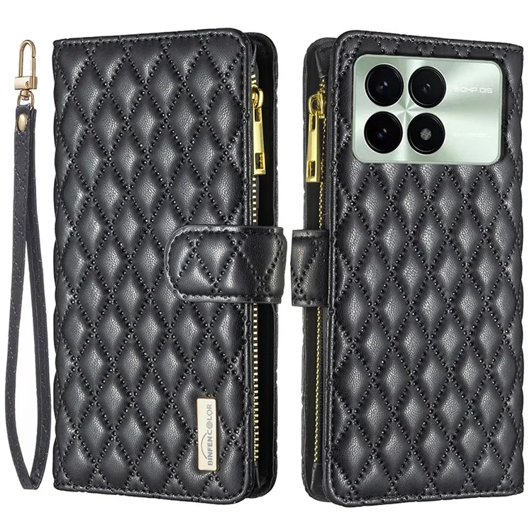 BINFEN COLOR BF Style-15 para Xiaomi Poco F6 Pro 5G / Redmi K70 5G / K70 Pro 5G Funda de Piel con Tapa y Cremallera para Billetera - Negro