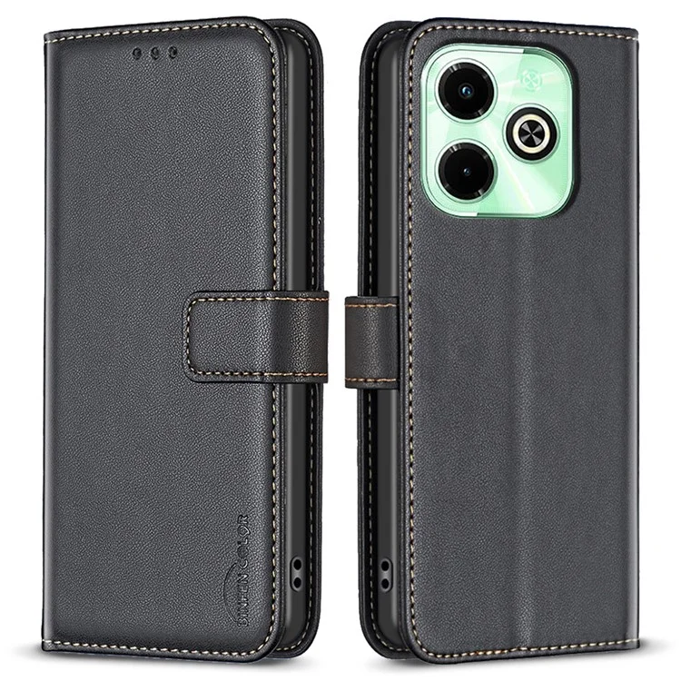 BINFEN COLOR BF17 For Infinix Hot 40i X6528B Leather Stand Case Imprint Shockproof Phone Cover - Black