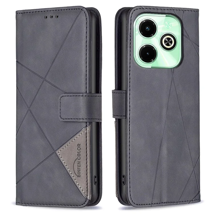 BINFEN COLOR For Infinix Hot 40i X6528B Phone Cases Wallet Stand Geometry Imprinted Leather Cover - Black