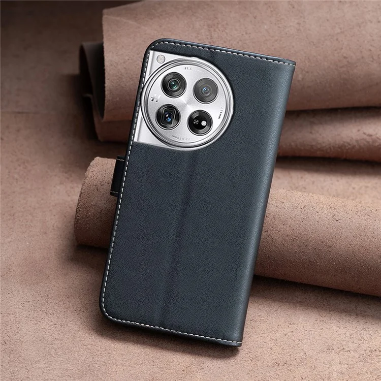 BINFEN COLOR BF17 For OnePlus 12 5G Leather Wallet Case Imprint Full Protection Cover Stand - Black