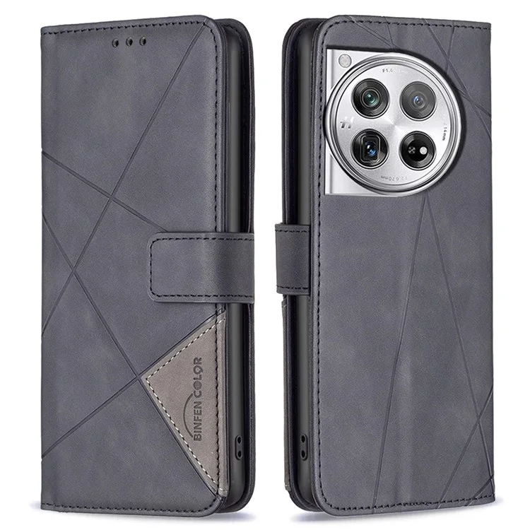 BINFEN COLOR BF05 per OnePlus 12 5G Case Stand Wallet Imprinted Line PU Leather Cover - Nero