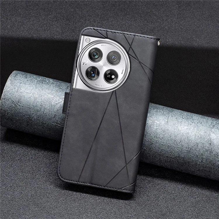 BINFEN COLOR BF05 per OnePlus 12 5G Case Stand Wallet Imprinted Line PU Leather Cover - Nero