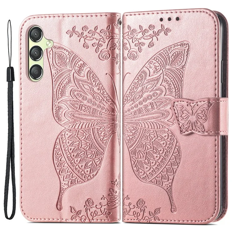 For Samsung Galaxy A25 5G (Global) (161.0 x 76.5 x 8.3mm) PU Leather Wallet Phone Case Flower Butterfly Pattern - Rose Gold