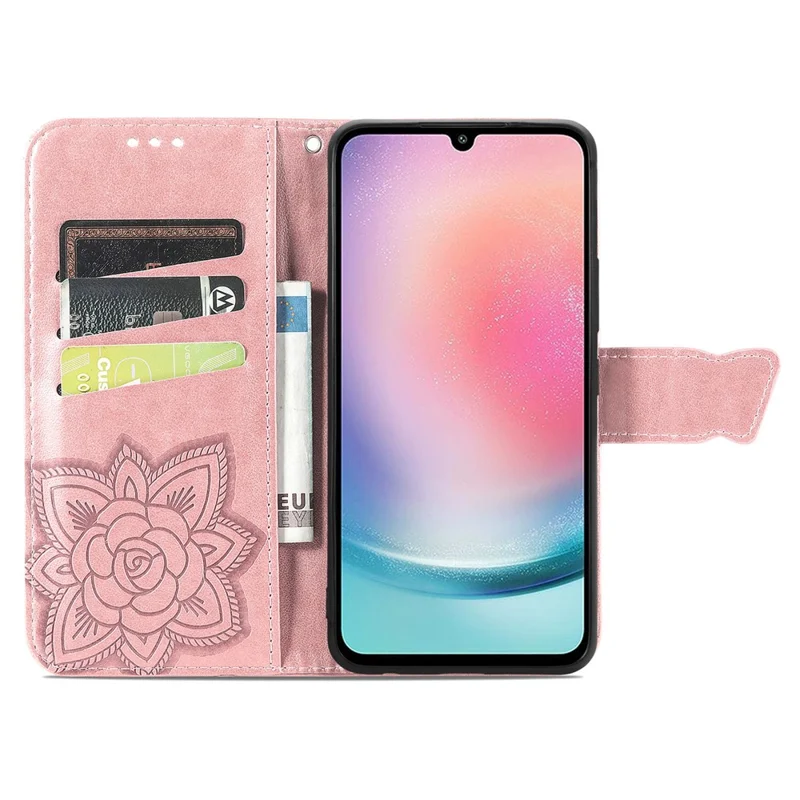 For Samsung Galaxy A25 5G (Global) (161.0 x 76.5 x 8.3mm) PU Leather Wallet Phone Case Flower Butterfly Pattern - Rose Gold