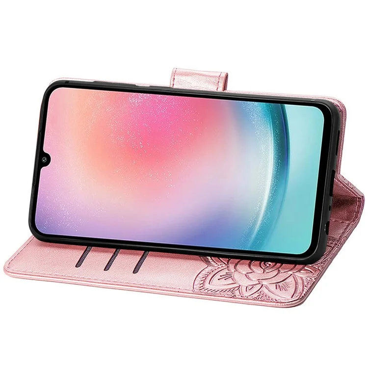 For Samsung Galaxy A25 5G (Global) (161.0 x 76.5 x 8.3mm) PU Leather Wallet Phone Case Flower Butterfly Pattern - Rose Gold