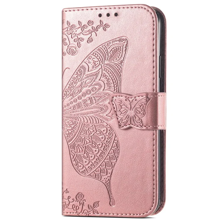 For Samsung Galaxy A25 5G (Global) (161.0 x 76.5 x 8.3mm) PU Leather Wallet Phone Case Flower Butterfly Pattern - Rose Gold