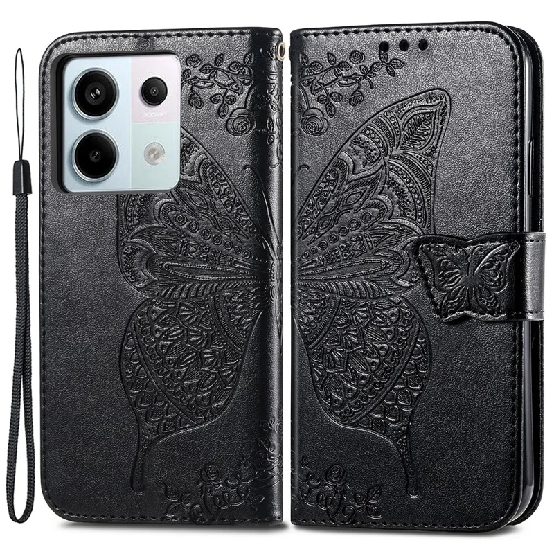 For Xiaomi Redmi Note 13 Pro 5G / Poco X6 5G Case Wallet with Card Holder Butterfly Pattern PU Leather Phone Cover - Black