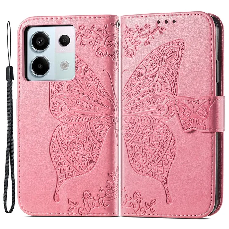 Para Xiaomi Redmi Note 13 Pro 5G / Poco X6 5G Case Carteira com Suporte de Cartão Padrão de Borboleta Capa de Telefone de Couro PU - Rosa