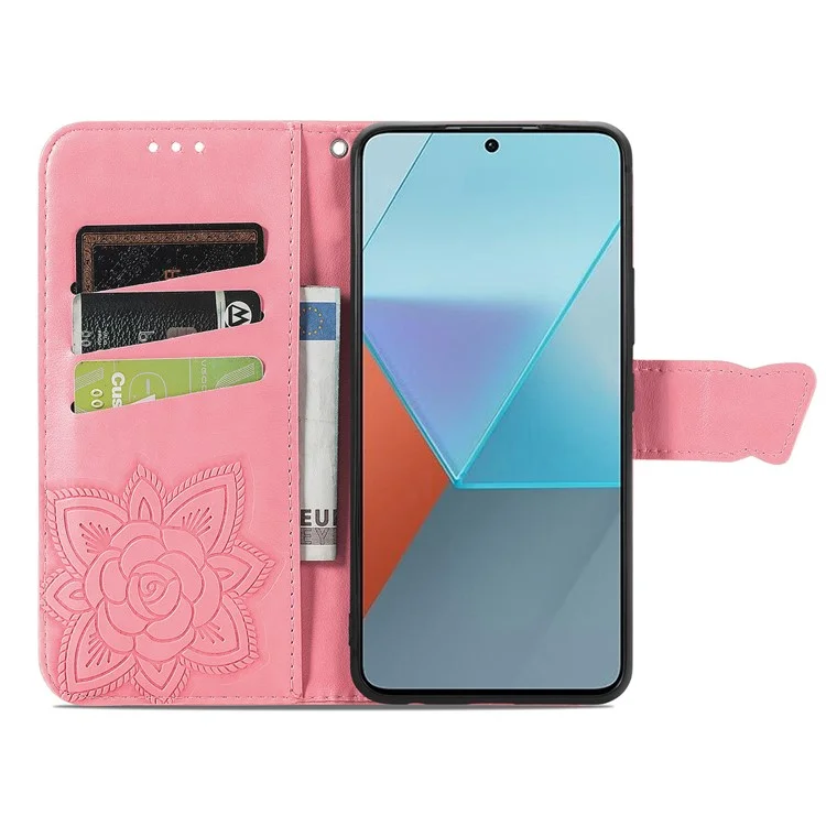 Para Xiaomi Redmi Note 13 Pro 5G / Poco X6 5G Case Carteira com Suporte de Cartão Padrão de Borboleta Capa de Telefone de Couro PU - Rosa