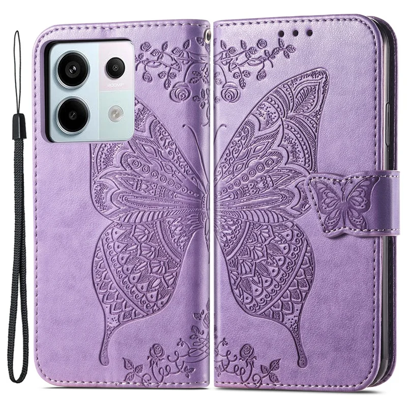For Xiaomi Redmi Note 13 Pro 5G / Poco X6 5G Case Wallet with Card Holder Butterfly Pattern PU Leather Phone Cover - Light Purple