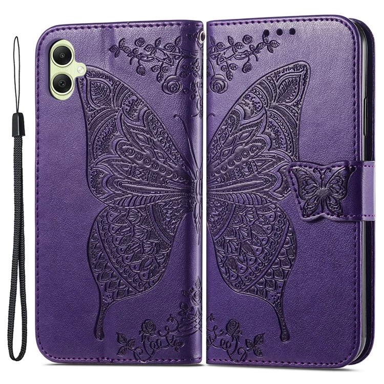 For Samsung Galaxy A05 4G Leather Case Butterfly Pattern Phone Cover Wallet Stand - Dark Purple