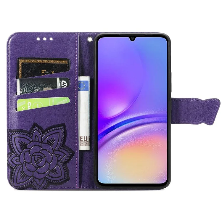 For Samsung Galaxy A05 4G Leather Case Butterfly Pattern Phone Cover Wallet Stand - Dark Purple