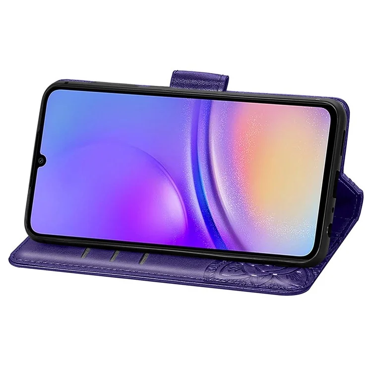 For Samsung Galaxy A05 4G Leather Case Butterfly Pattern Phone Cover Wallet Stand - Dark Purple