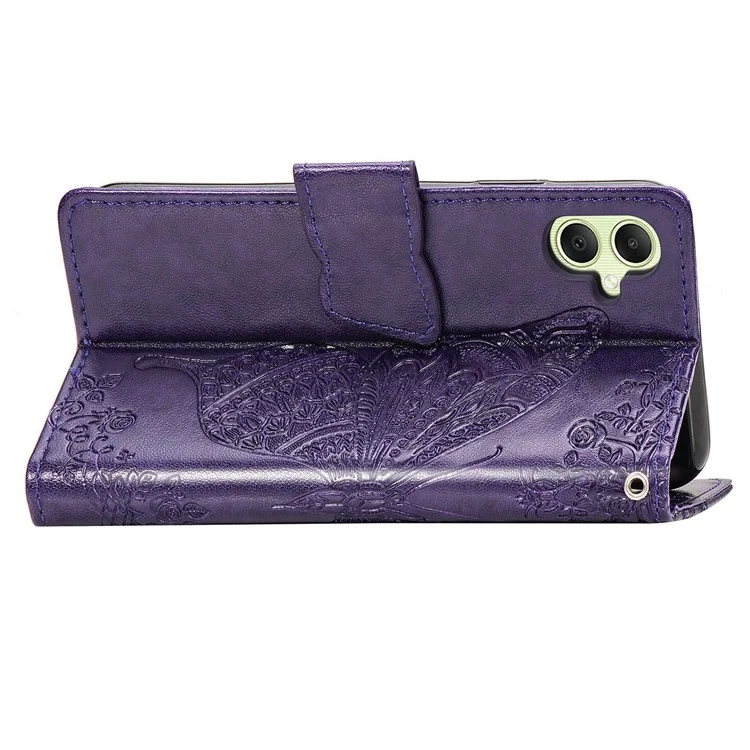For Samsung Galaxy A05 4G Leather Case Butterfly Pattern Phone Cover Wallet Stand - Dark Purple
