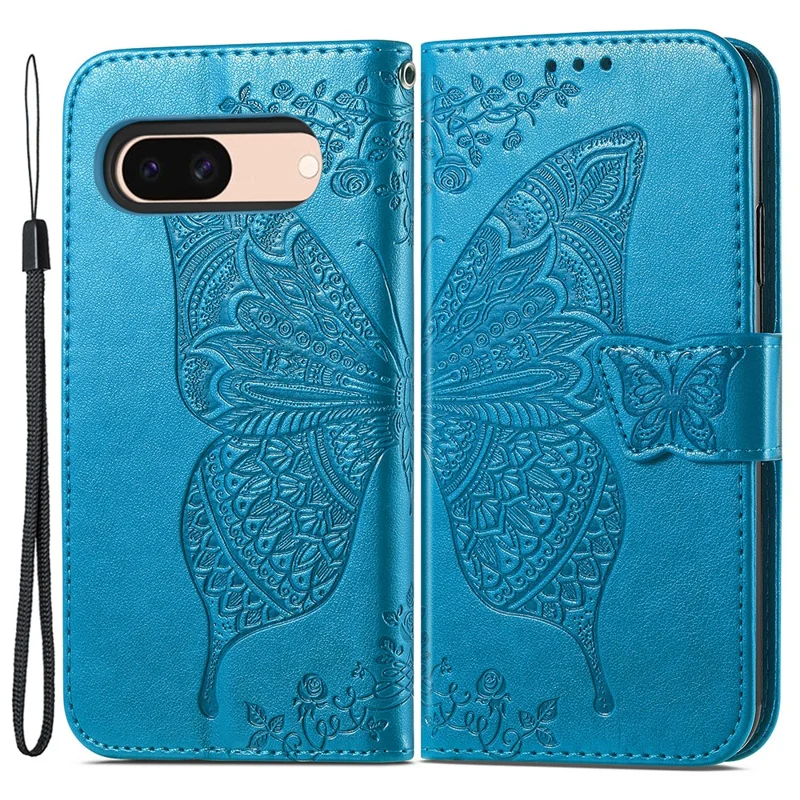 For Google Pixel 8a Phone Case Butterfly Pattern Imprinted PU Leather Flip Cover - Blue