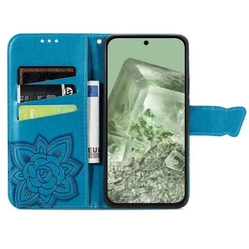For Google Pixel 8a Phone Case Butterfly Pattern Imprinted PU Leather Flip Cover - Blue
