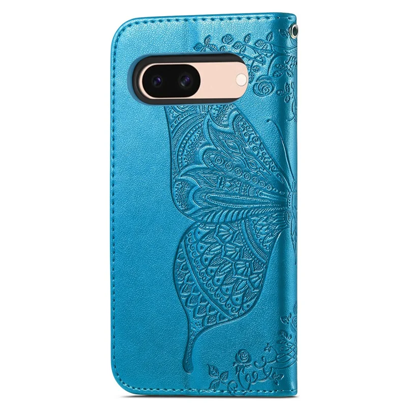 For Google Pixel 8a Phone Case Butterfly Pattern Imprinted PU Leather Flip Cover - Blue