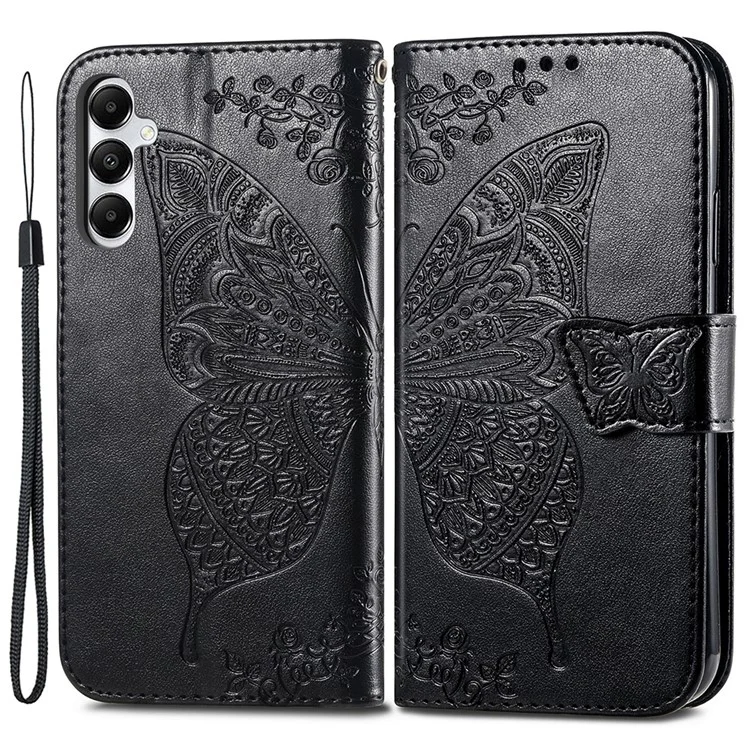 For Samsung Galaxy A05s 4G PU Leather Case Stand Function Butterfly Flower Pattern Cover Wallet - Black