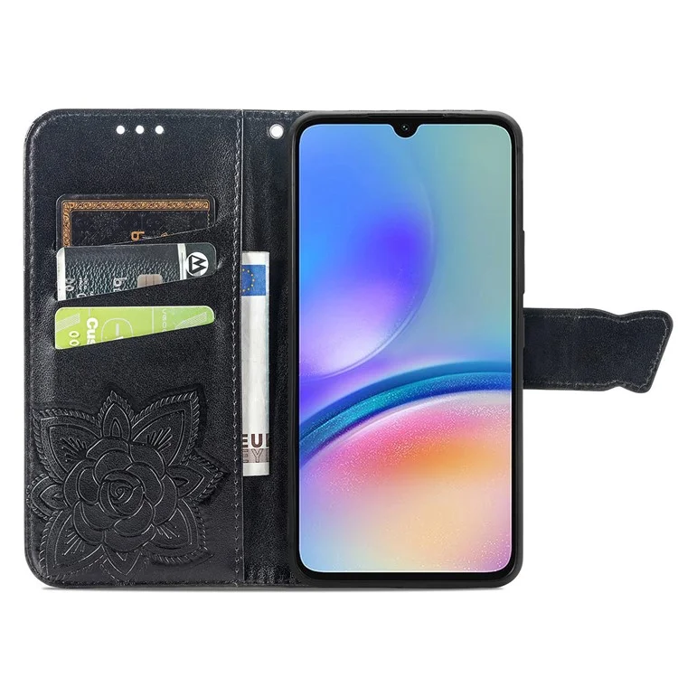 For Samsung Galaxy A05s 4G PU Leather Case Stand Function Butterfly Flower Pattern Cover Wallet - Black