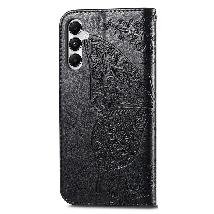 For Samsung Galaxy A05s 4G PU Leather Case Stand Function Butterfly Flower Pattern Cover Wallet - Black