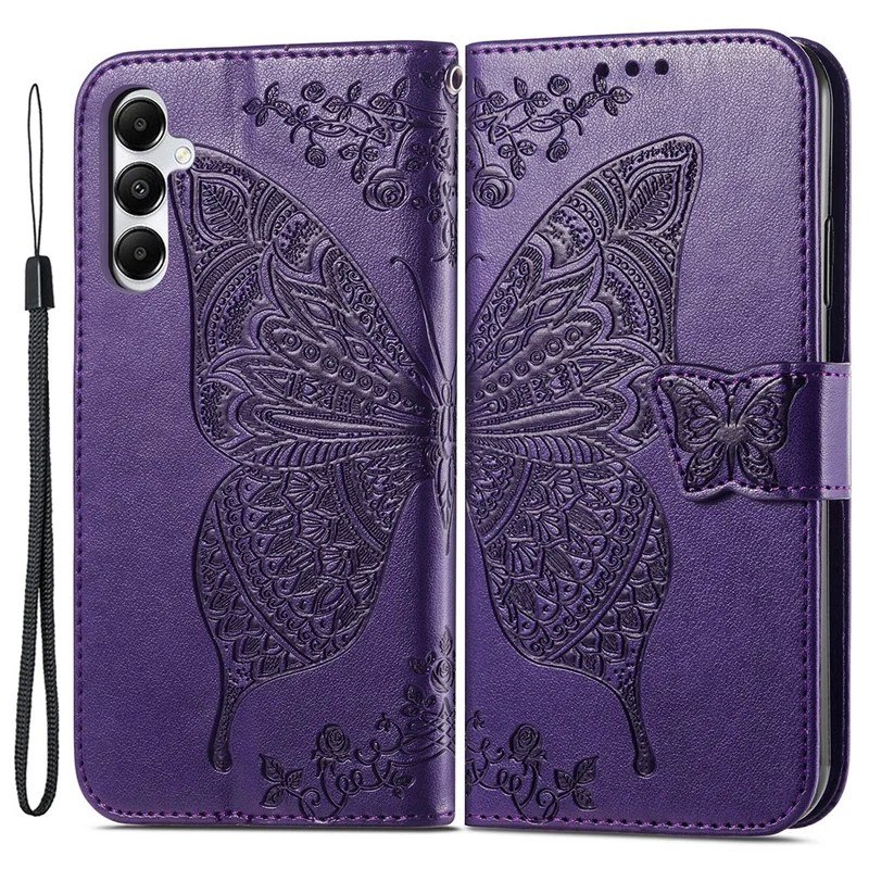 For Samsung Galaxy A05s 4G PU Leather Case Stand Function Butterfly Flower Pattern Cover Wallet - Dark Purple