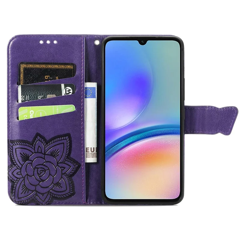 For Samsung Galaxy A05s 4G PU Leather Case Stand Function Butterfly Flower Pattern Cover Wallet - Dark Purple