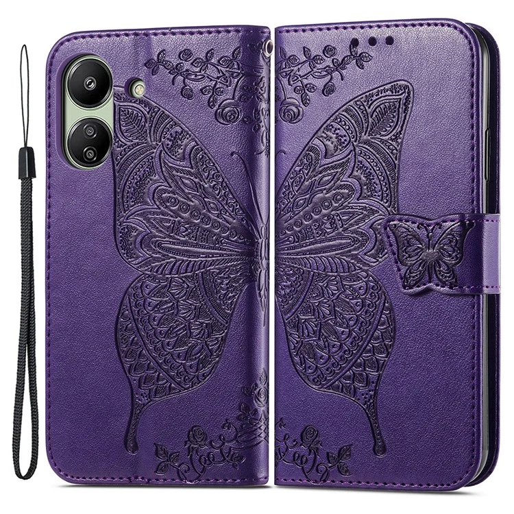 Wallet Case for Xiaomi Redmi 13C 4G / 13C 5G / 13R 5G / Poco M6 5G / Poco C65 4G Butterfly Pattern PU Leather Folio Phone Cover - Dark Purple