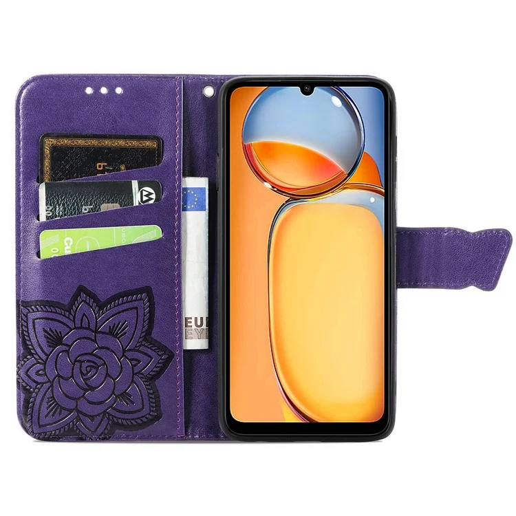 Wallet Case for Xiaomi Redmi 13C 4G / 13C 5G / 13R 5G / Poco M6 5G / Poco C65 4G Butterfly Pattern PU Leather Folio Phone Cover - Dark Purple