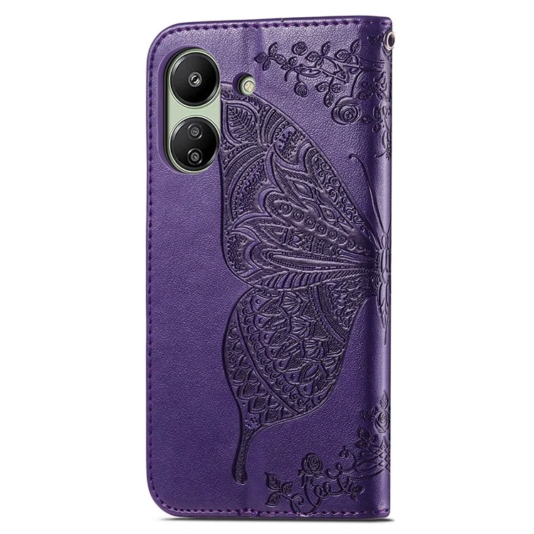 Wallet Case for Xiaomi Redmi 13C 4G / 13C 5G / 13R 5G / Poco M6 5G / Poco C65 4G Butterfly Pattern PU Leather Folio Phone Cover - Dark Purple