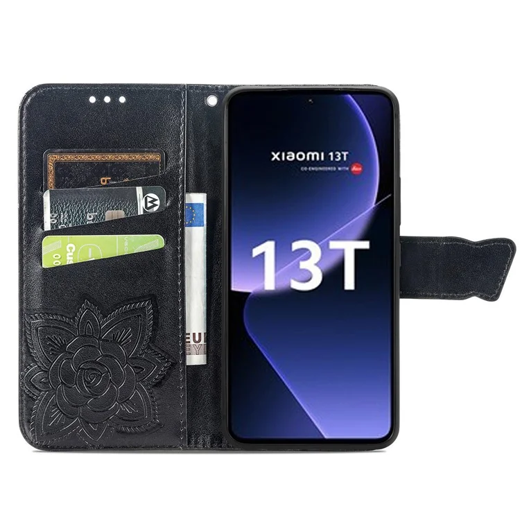 Для Xiaomi 13T / 13T Pro / Redmi K60 Ultra Чехол-бумажник с бабочкой и держателем для карт - Черный