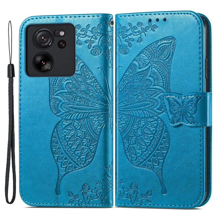 Pour Xiaomi 13T / 13T Pro / Redmi K60 Ultra Étui Papillon Motif Étui de Téléphone Portefeuille avec Porte-Cartes - Bleu