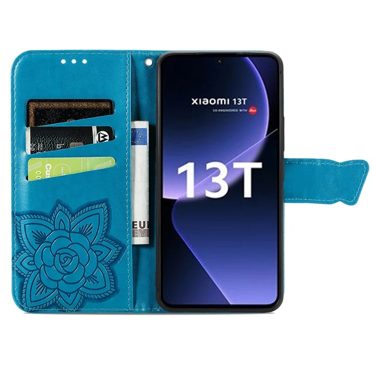 Pour Xiaomi 13T / 13T Pro / Redmi K60 Ultra Étui Papillon Motif Étui de Téléphone Portefeuille avec Porte-Cartes - Bleu