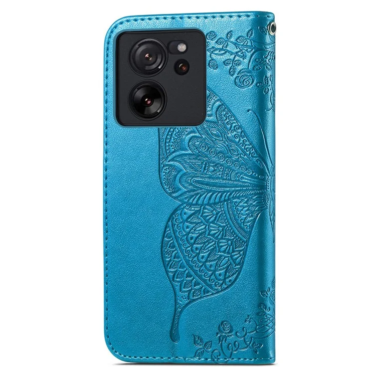 Pour Xiaomi 13T / 13T Pro / Redmi K60 Ultra Étui Papillon Motif Étui de Téléphone Portefeuille avec Porte-Cartes - Bleu