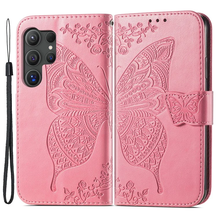 Para Samsung Galaxy S24 Ultra Flip Folio Cover con Patrón de Mariposa Funda de Teléfono de Cuero con Soporte - Rosa