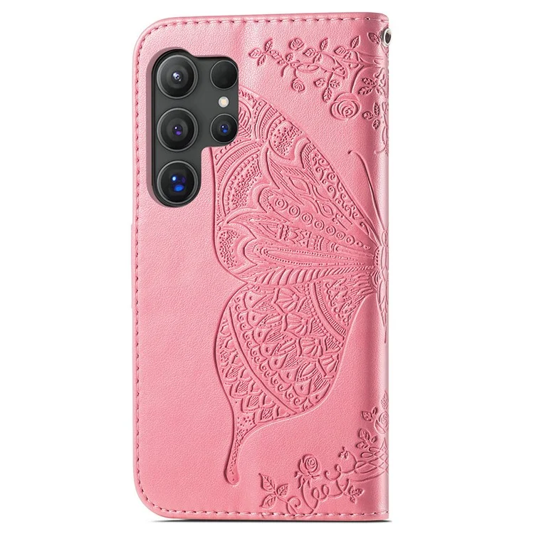 Para Samsung Galaxy S24 Ultra Flip Folio Cover con Patrón de Mariposa Funda de Teléfono de Cuero con Soporte - Rosa