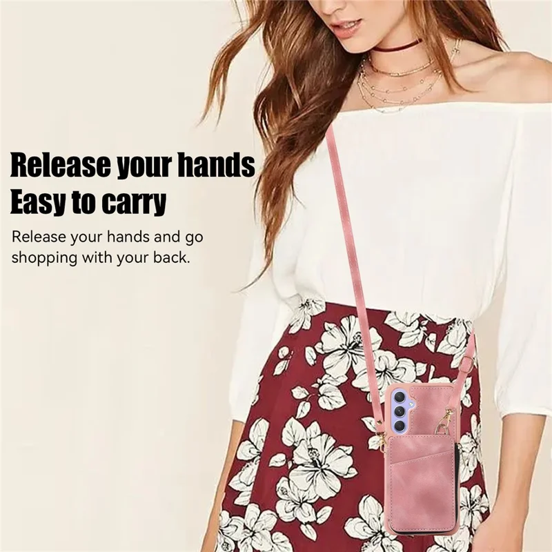 Für Samsung Galaxy A15 4G / 5G Hülle mit Gurt Leder TPU Cover Kartenfach Ständer - Rosa