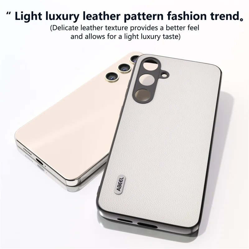 ABEEL For Samsung Galaxy S24 Case Genuine Cow Leather+PC Scratch-resistant Phone Protector - White