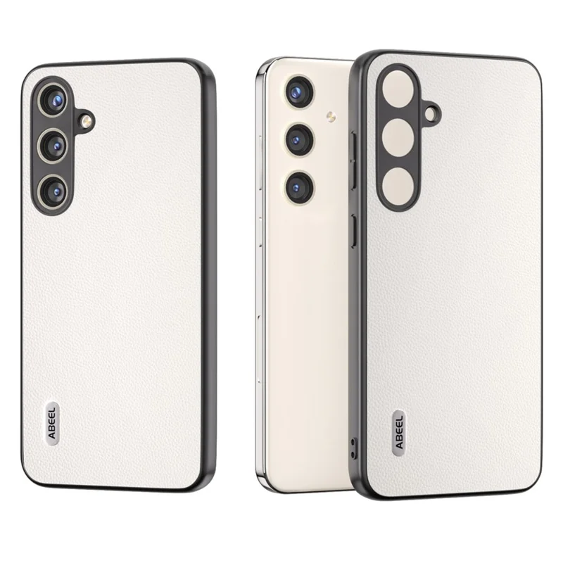 ABEEL For Samsung Galaxy S24 Case Genuine Cow Leather+PC Scratch-resistant Phone Protector - White