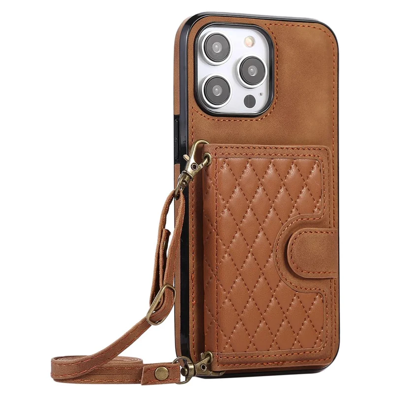 Für iPhone 14 Pro Max Hülle Leder TPU Cover mit Rückkartenhalter Schultergurt - Braun