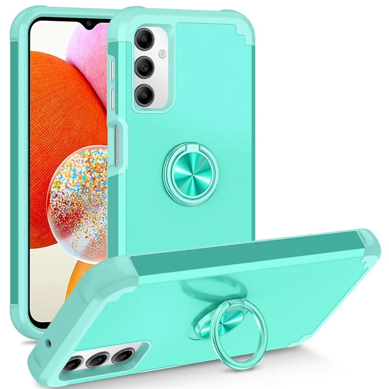 For Samsung Galaxy A14 4G  /  5G Case Ring Holder Fingerprint-proof PC+TPU Phone Back Cover - Mint Green