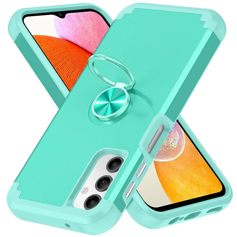 For Samsung Galaxy A14 4G  /  5G Case Ring Holder Fingerprint-proof PC+TPU Phone Back Cover - Mint Green