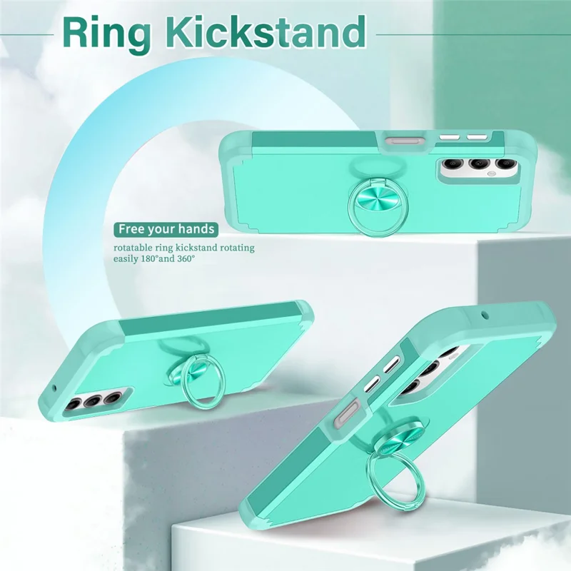 For Samsung Galaxy A14 4G  /  5G Case Ring Holder Fingerprint-proof PC+TPU Phone Back Cover - Mint Green
