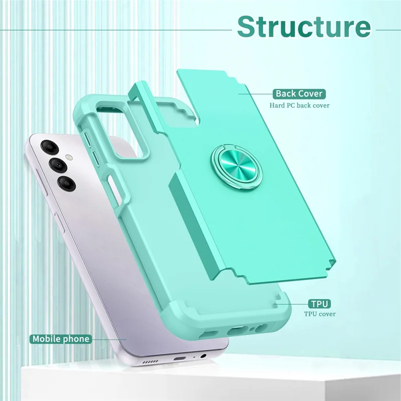 For Samsung Galaxy A14 4G  /  5G Case Ring Holder Fingerprint-proof PC+TPU Phone Back Cover - Mint Green