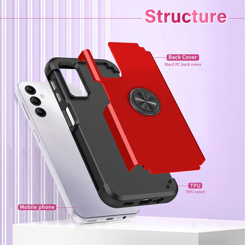 For Samsung Galaxy A14 4G  /  5G Case Ring Holder Fingerprint-proof PC+TPU Phone Back Cover - Red