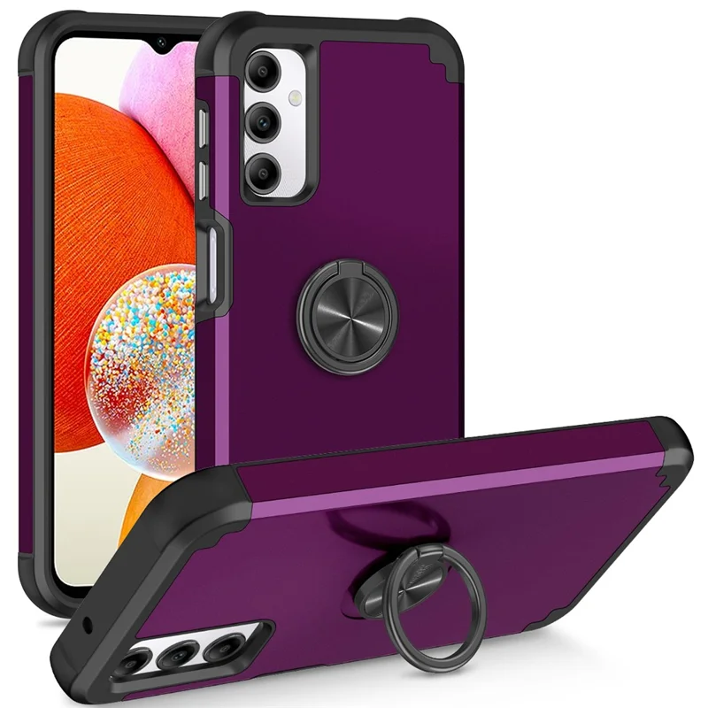 For Samsung Galaxy A14 4G  /  5G Case Ring Holder Fingerprint-proof PC+TPU Phone Back Cover - Dark Purple