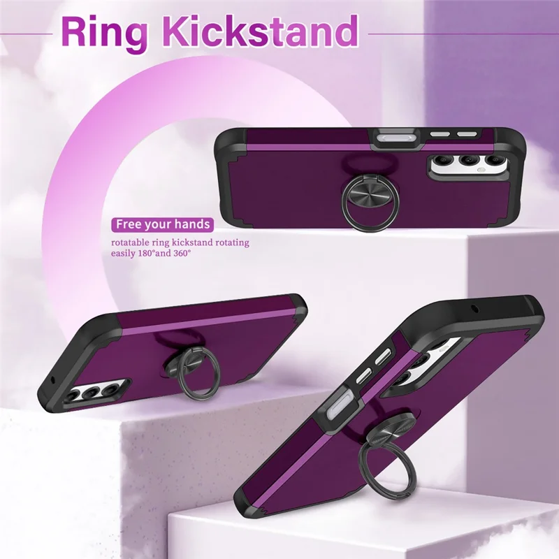 For Samsung Galaxy A14 4G  /  5G Case Ring Holder Fingerprint-proof PC+TPU Phone Back Cover - Dark Purple